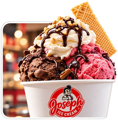 Pote de sorvetes Joseph Ice Cream artesanal com calda e wafer