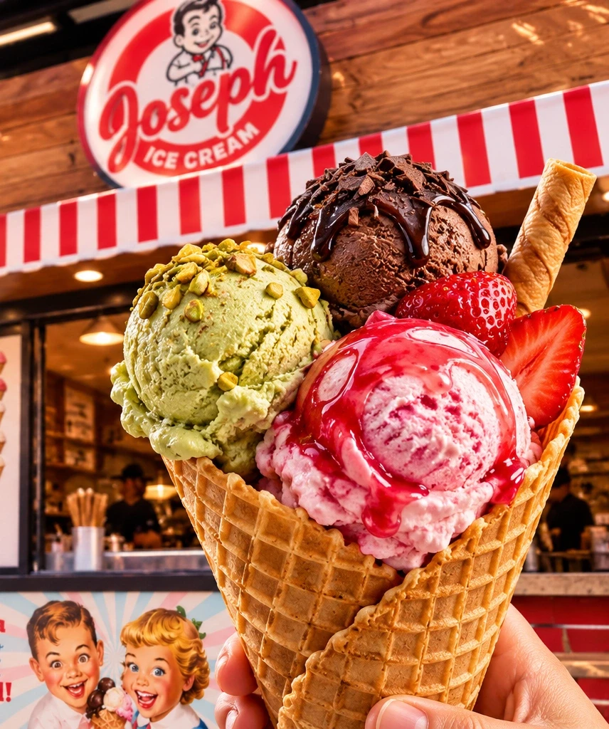 Sorvete artesanal Joseph Ice Cream servido em casquinha crocante