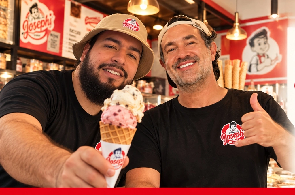 Equipe Joseph Ice Cream no quiosque artesanal com sorvete em cone
